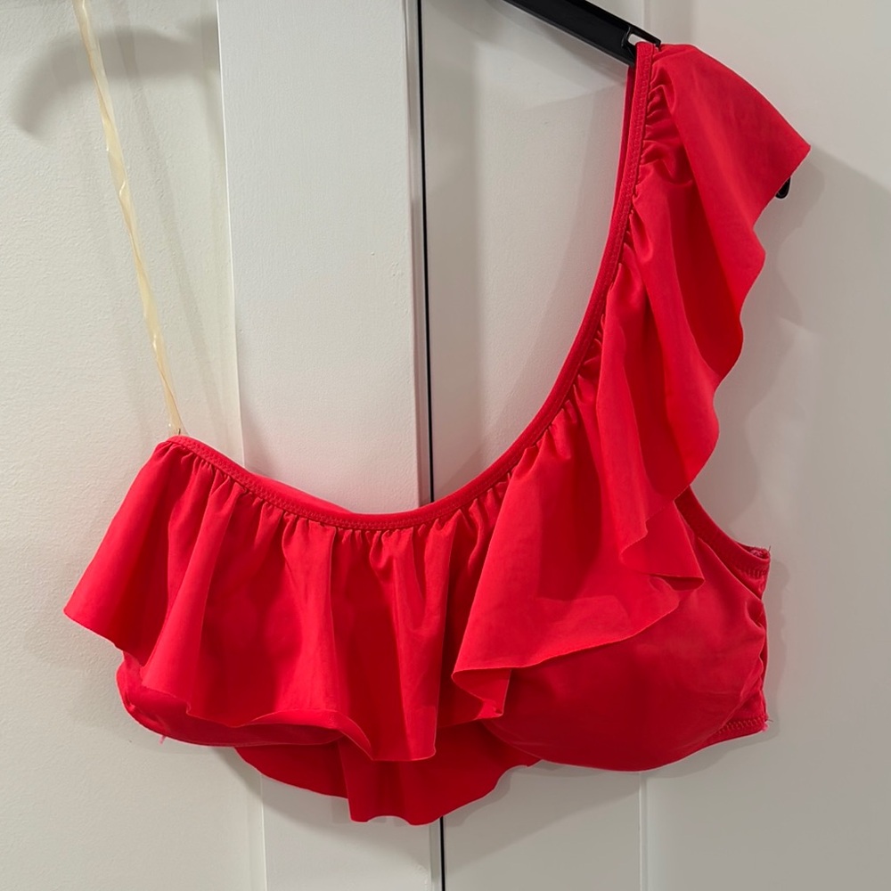 H&M One-Shoulder Ruffle Bikini Top Neon Coral Size 14 good condition